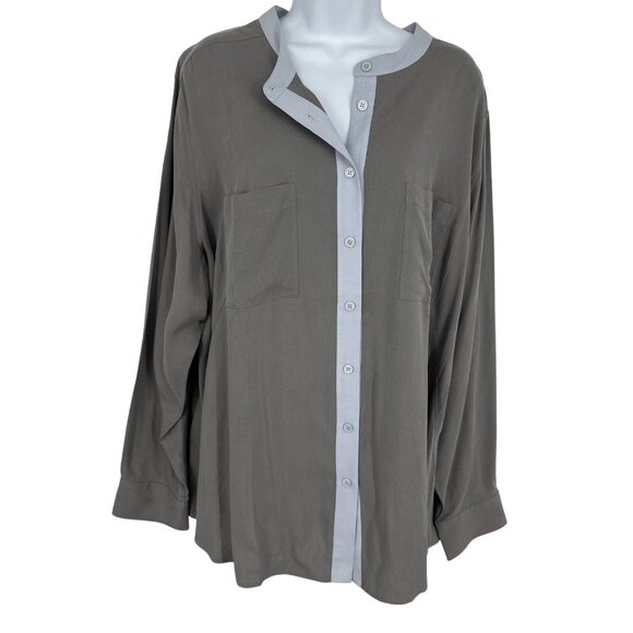 Soft Surroundings Gray Long Sleeve Button-Up Blouse Silk W/ Light Blue Trim 2X - Picture 1 of 7